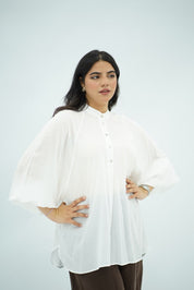 Chemise Oversize Blanche à Manches Bouffantes
