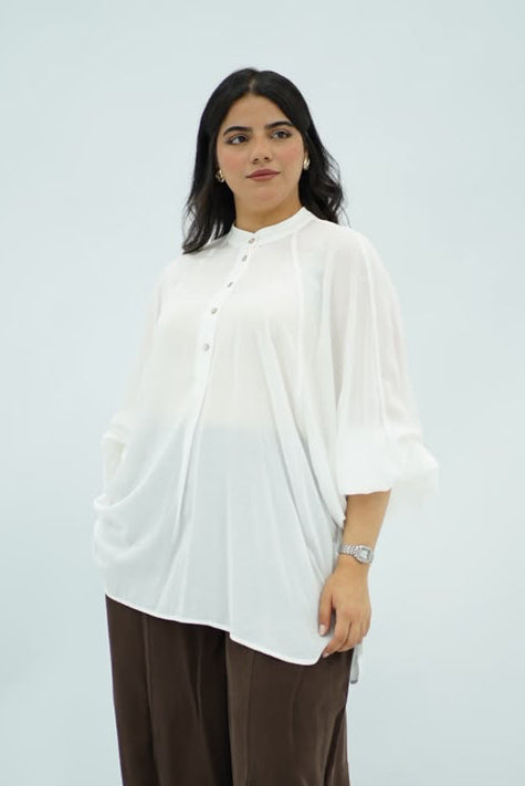 Chemise Oversize Blanche à Manches Bouffantes