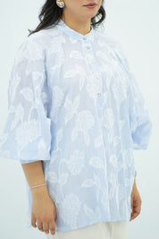 Chemise Oversize Bleu Ciel à Motif Floral