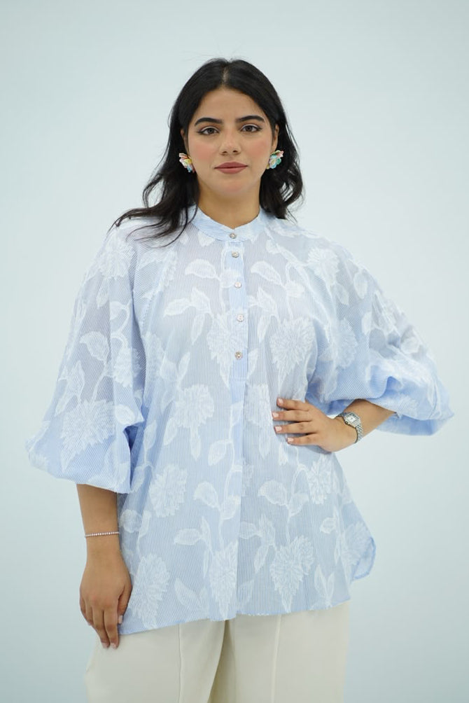 Chemise Oversize Bleu Ciel à Motif Floral