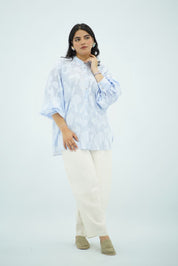 Chemise Oversize Bleu Ciel à Motif Floral