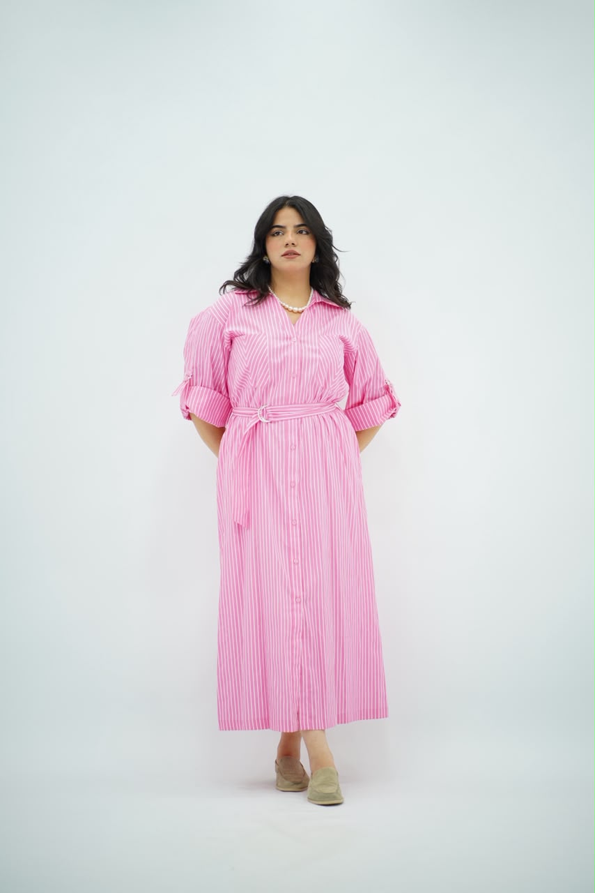 Robe Chemise Rayée Rose