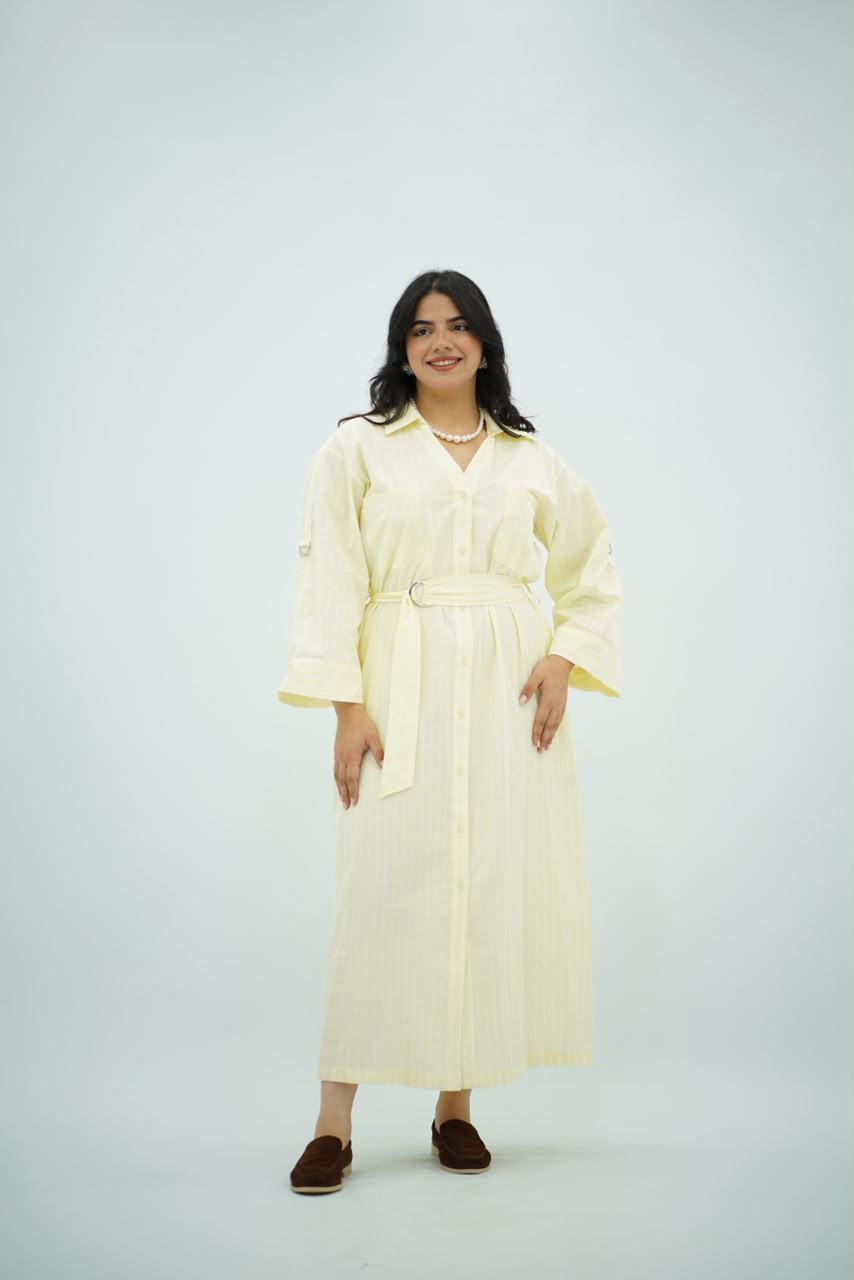 Robe Chemise Longue Jaune Pastel Rayé