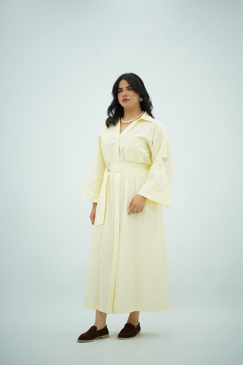 Robe Chemise Longue Jaune Pastel Rayé