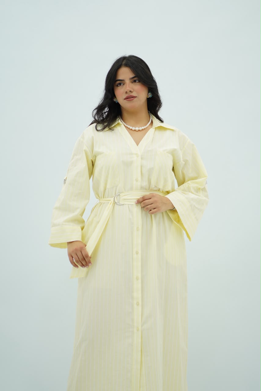 Robe Chemise Longue Jaune Pastel Rayé