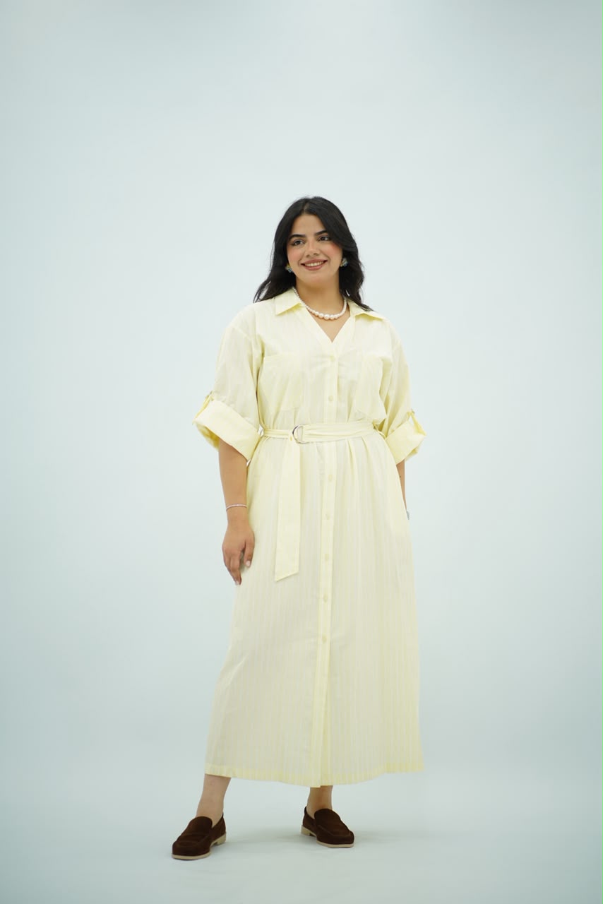 Robe Chemise Longue Jaune Pastel Rayé