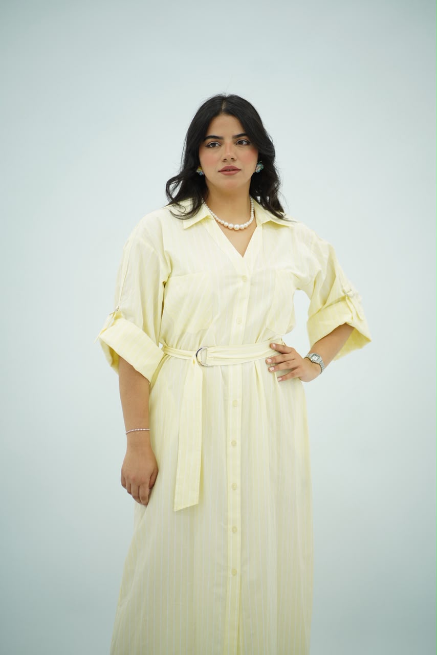 Robe Chemise Longue Jaune Pastel Rayé