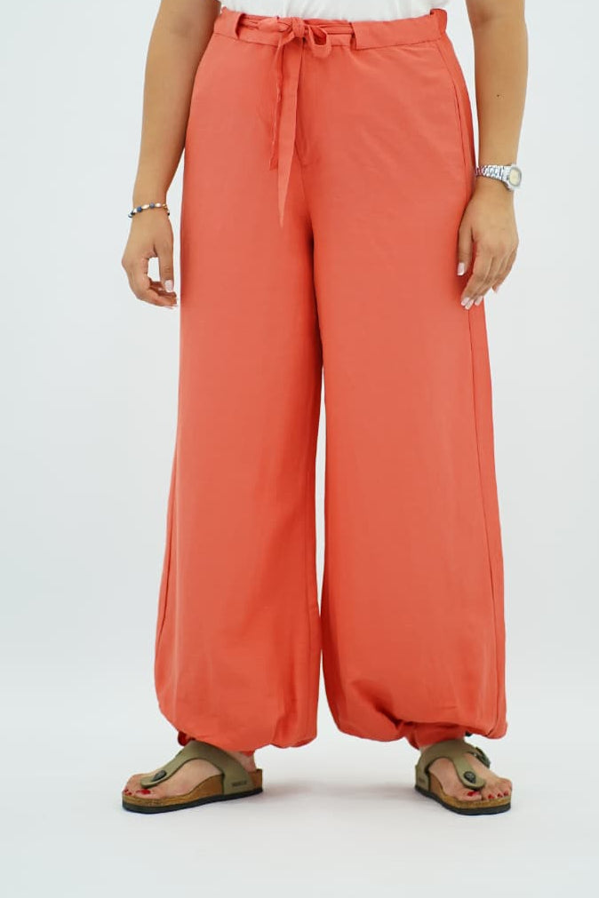 Pantalon Fluide et Léger à Lien de Serrage – Corail / Saumon
