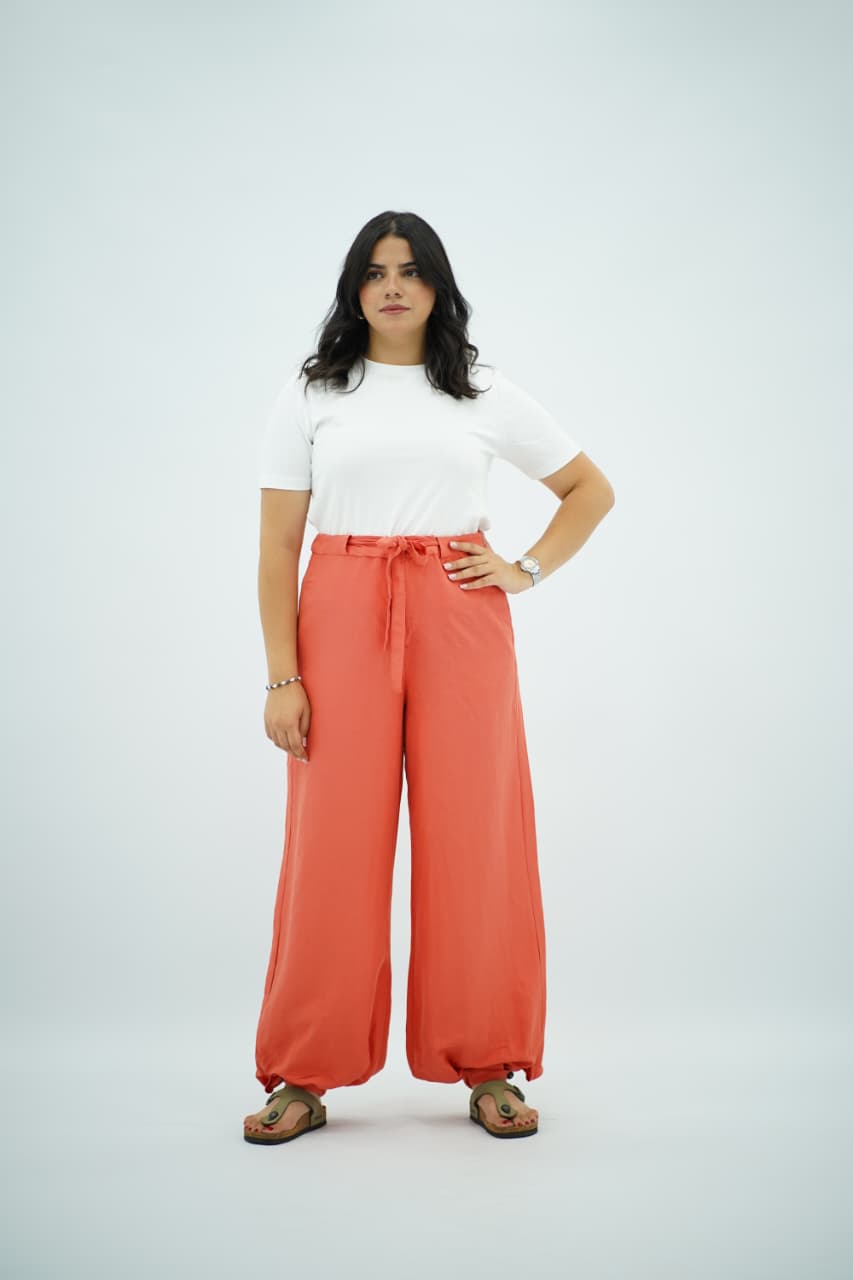 Pantalon Fluide et Léger à Lien de Serrage – Corail / Saumon