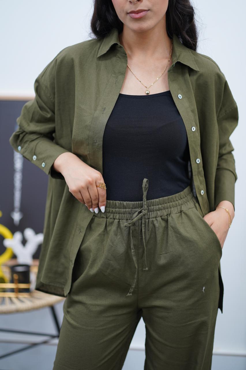 Ensemble Kaki en Lin chemise & pantalon – Élégance décontractée