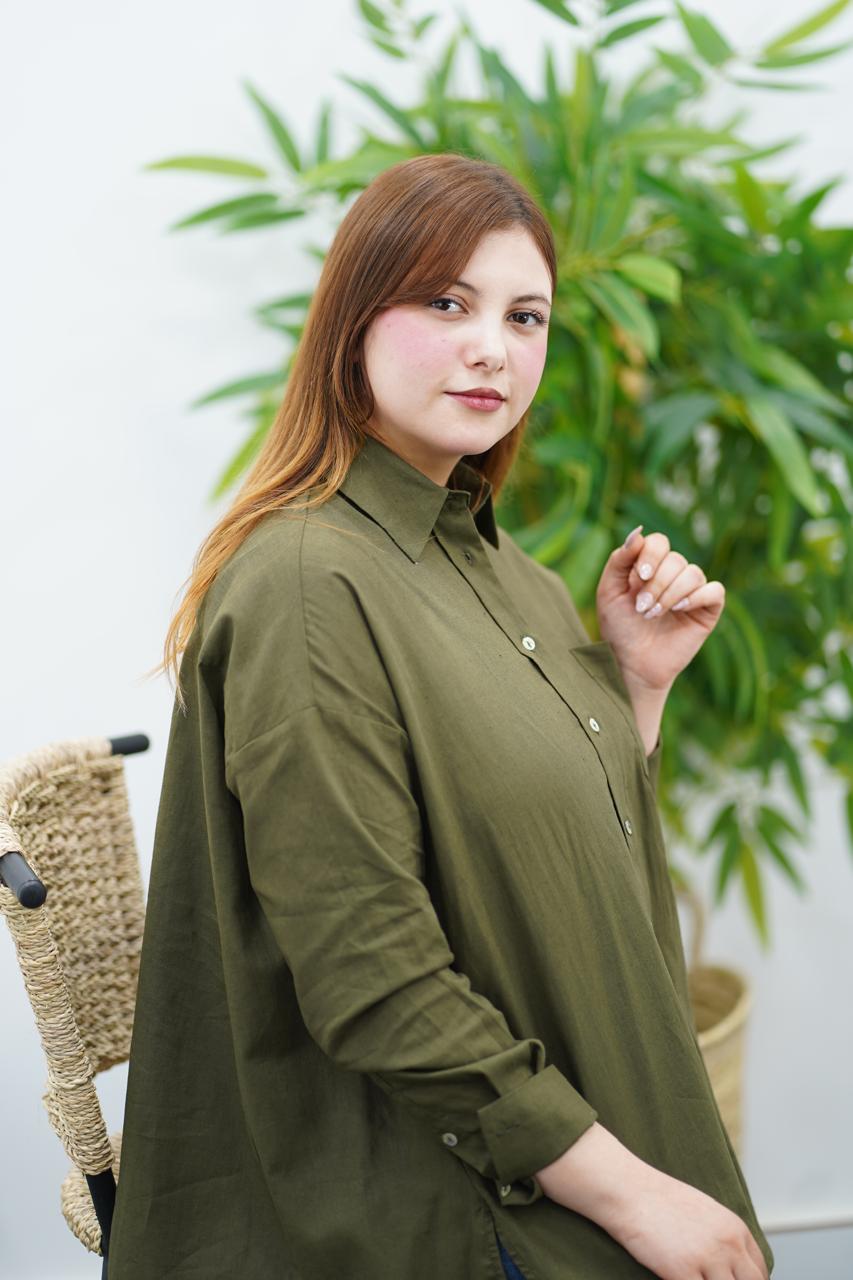 Chemise Oversize Kaki en Lin – Élégance Décontractée