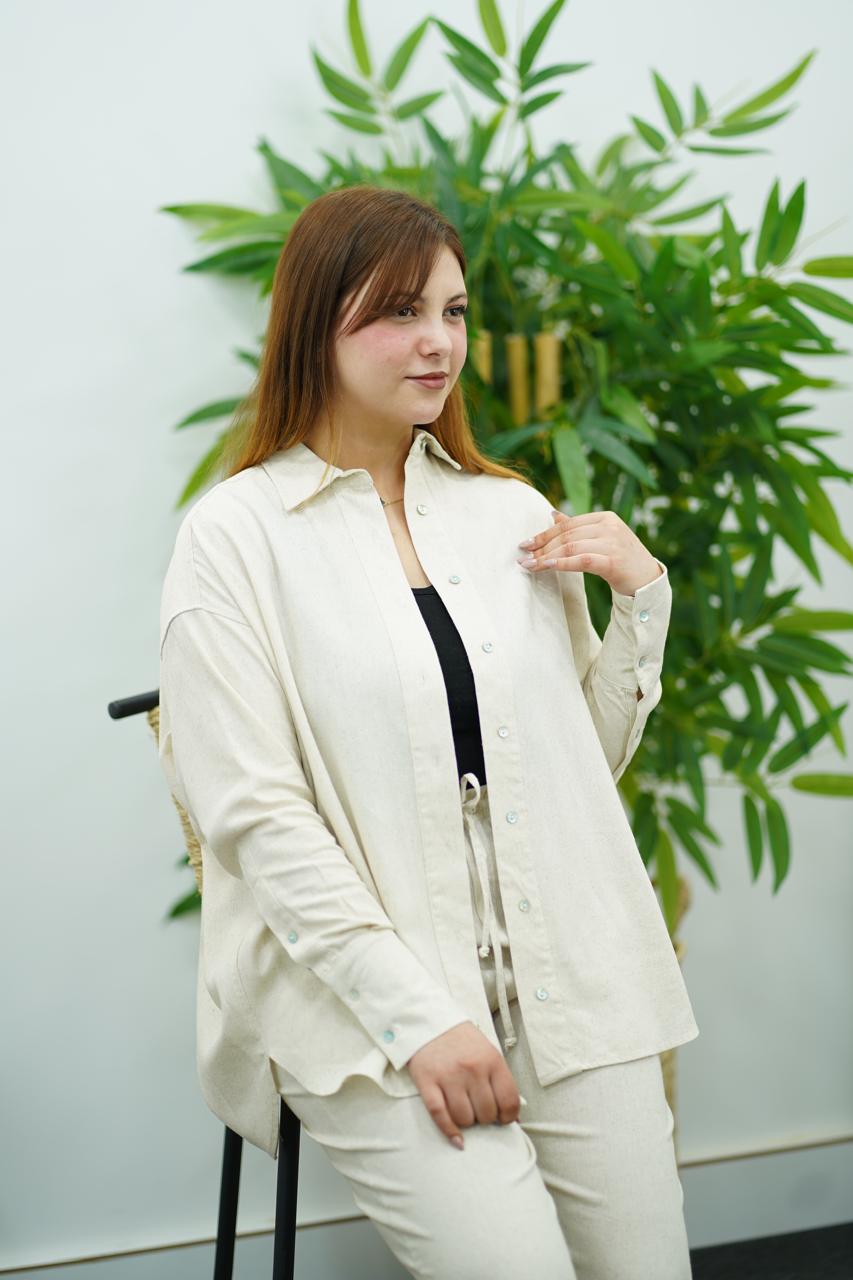 Ensemble Blanc cassé en Lin chemise & pantalon – Élégance décontractée