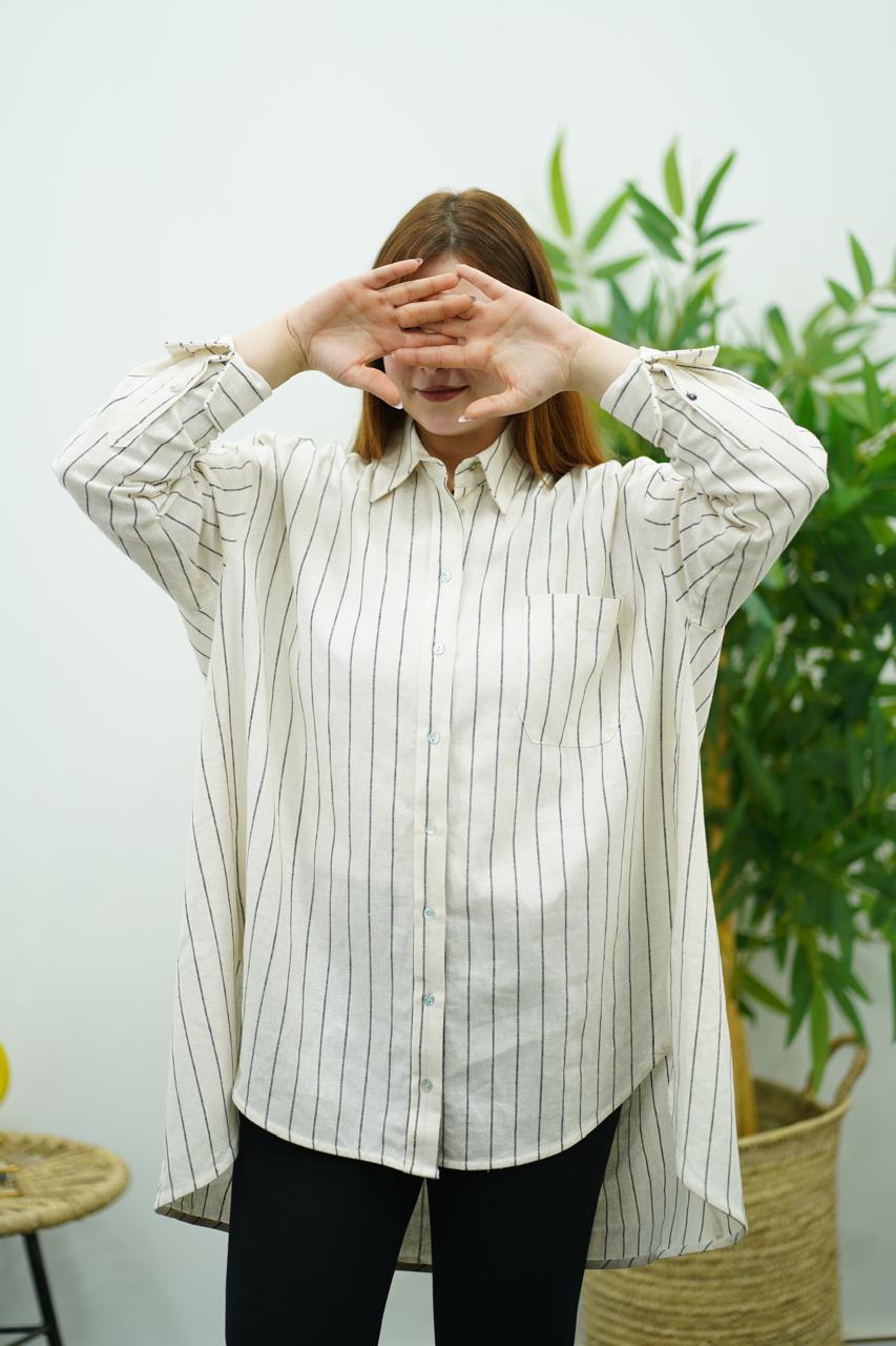 Chemise Oversize Blanche rayure en Lin – Élégance Décontractée