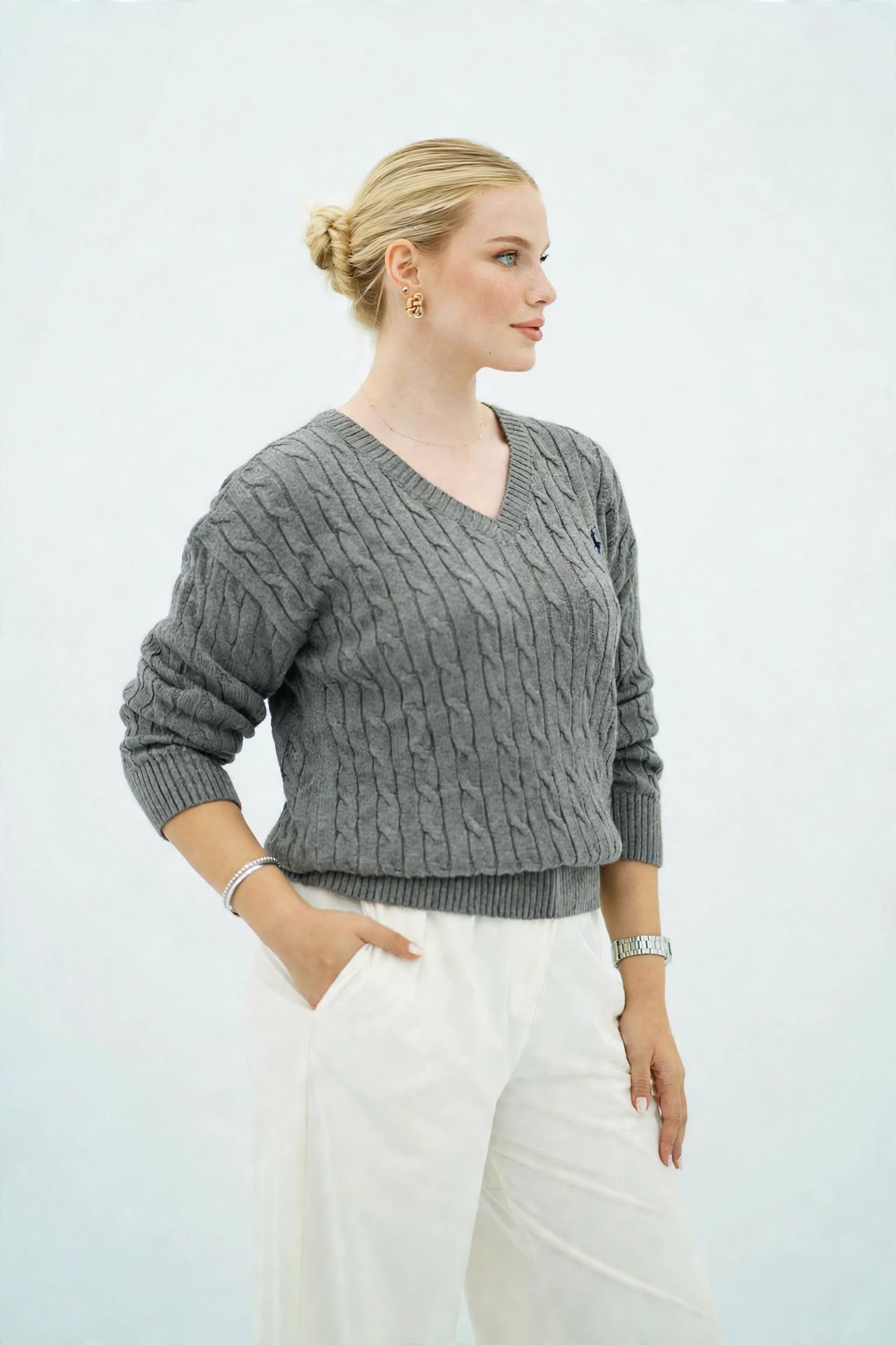 Pull Élégant en Maille Tressée Col V - Confort et Style Automne/Hiver