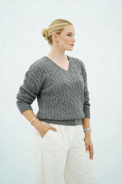 Pull Élégant en Maille Tressée Col V - Confort et Style Automne/Hiver