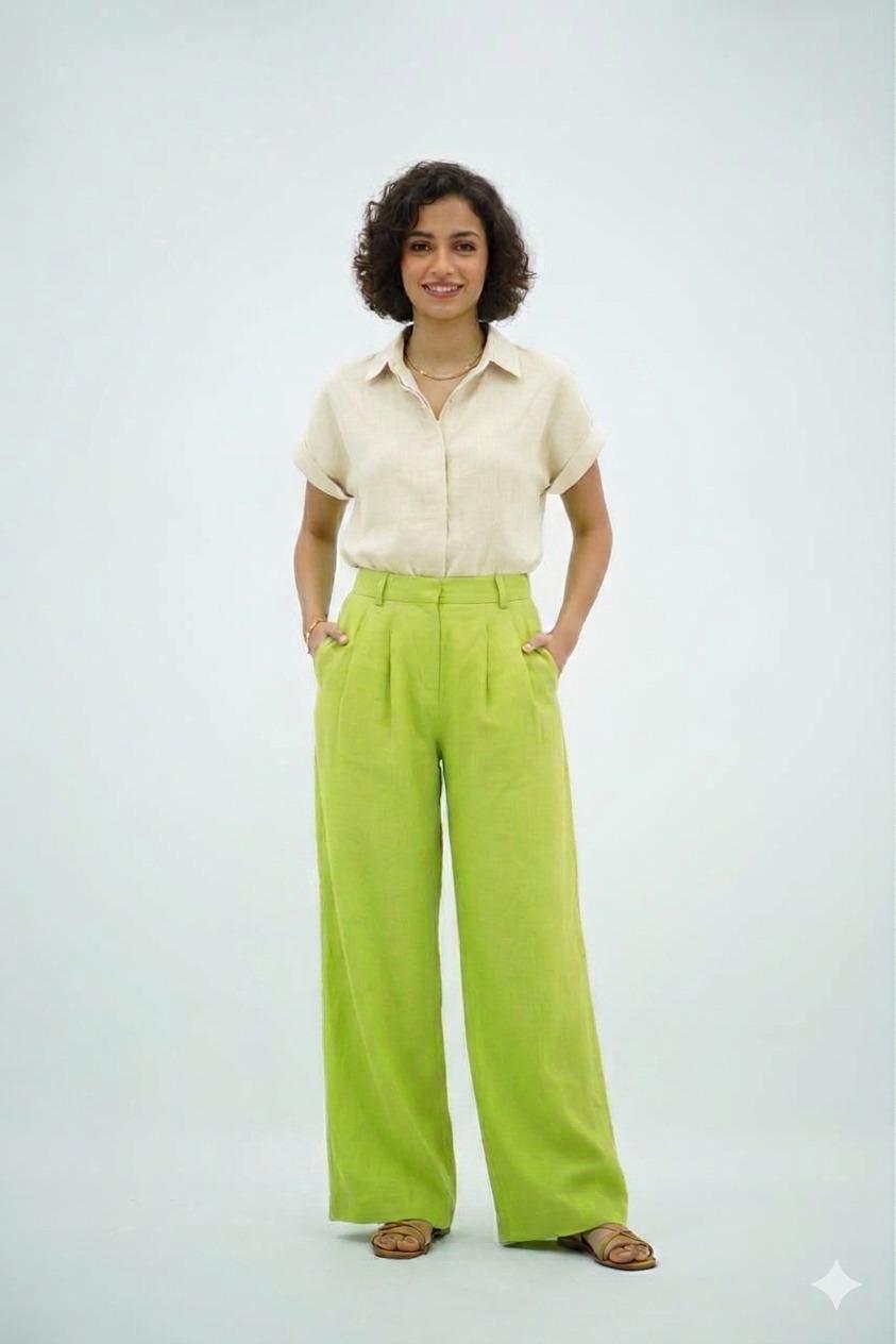 Pantalon Large en Lin Fluide – Vert Lime