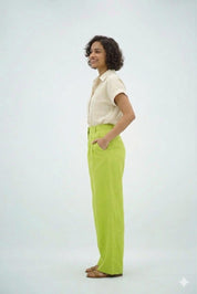 Pantalon Large en Lin Fluide – Vert Lime