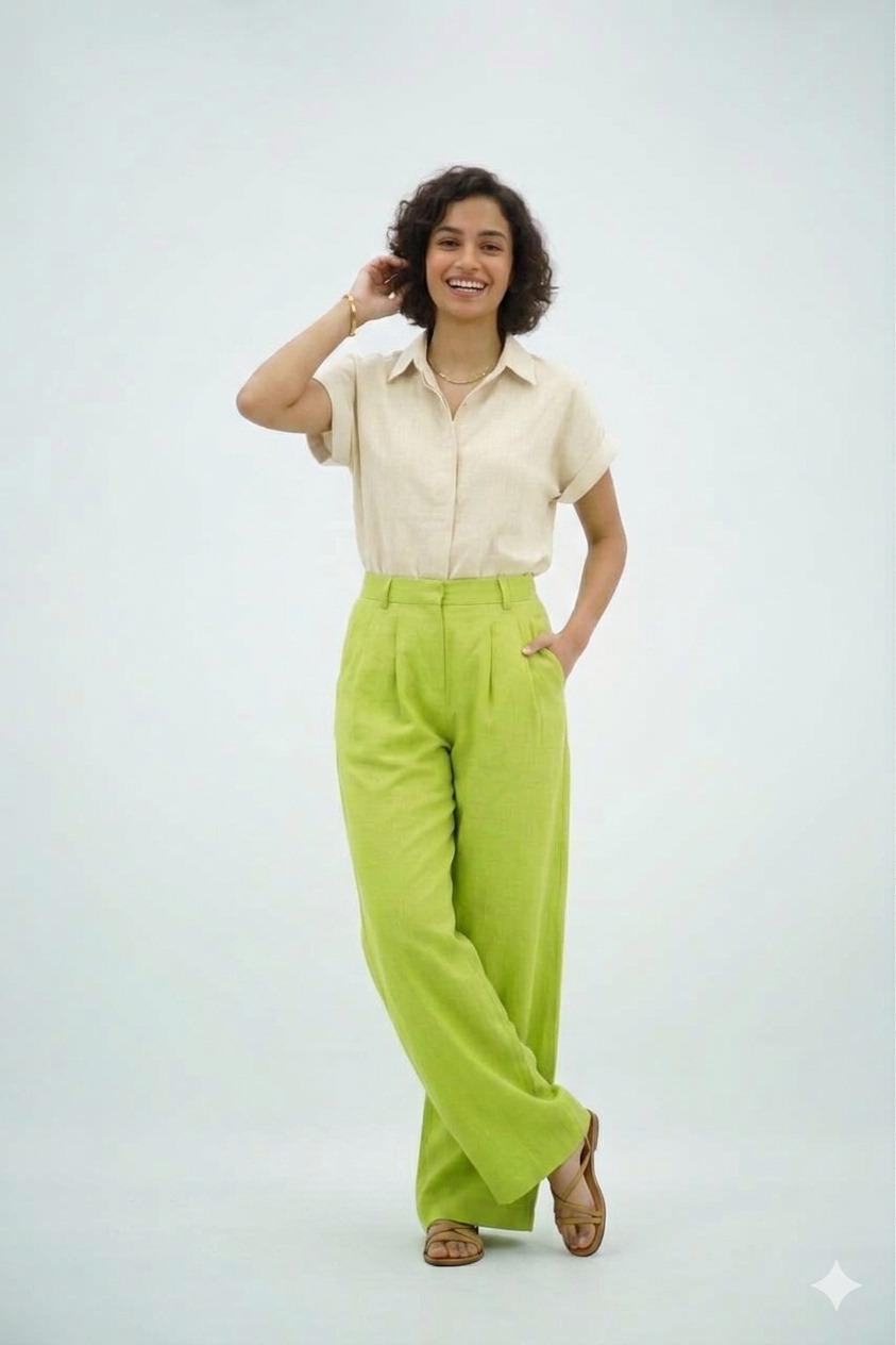 Pantalon Large en Lin Fluide – Vert Lime