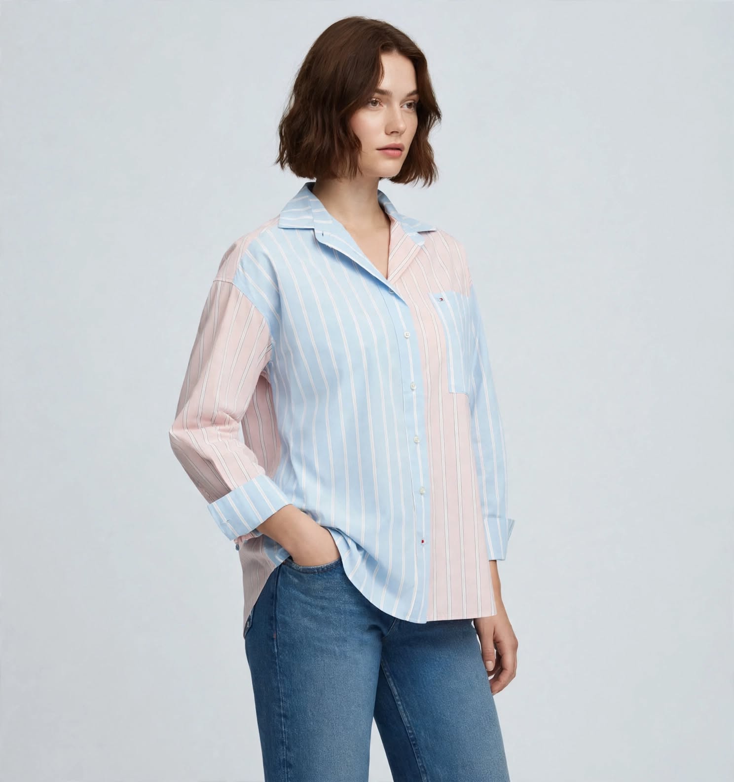 Chemise Oversize Rayée Patchwork – Bleu Ciel & Saumon