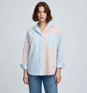Chemise Oversize Rayée Patchwork – Bleu Ciel & Saumon