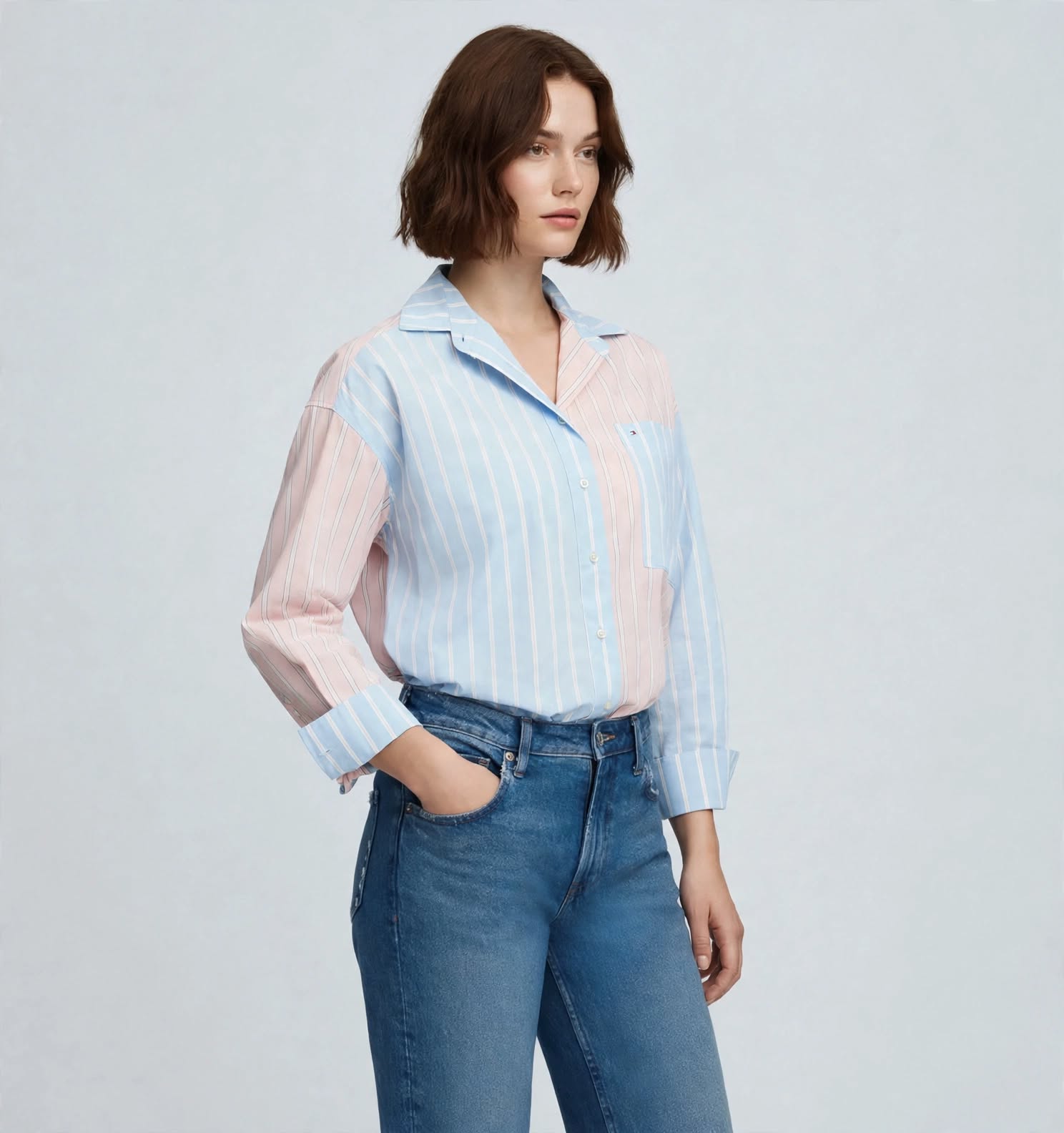 Chemise Oversize Rayée Patchwork – Bleu Ciel & Saumon