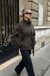 Manteau Court en Laine Ceinturé à Double Boutonnage