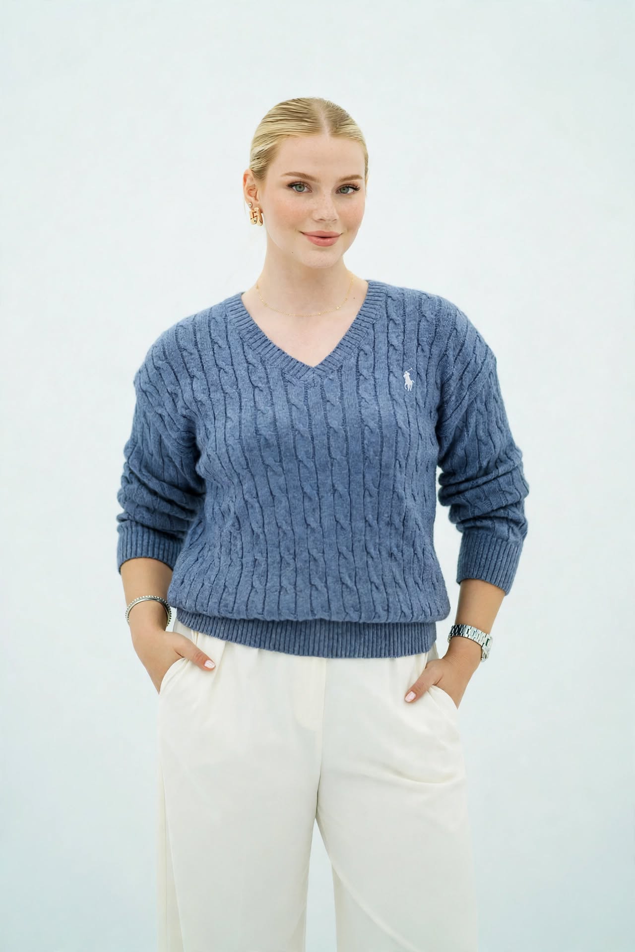 Pull Élégant en Maille Tressée Col V - Confort et Style Automne/Hiver