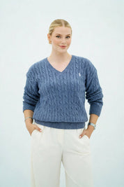 Pull Élégant en Maille Tressée Col V - Confort et Style Automne/Hiver