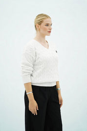 Pull Élégant en Maille Tressée Col V - Confort et Style Automne/Hiver