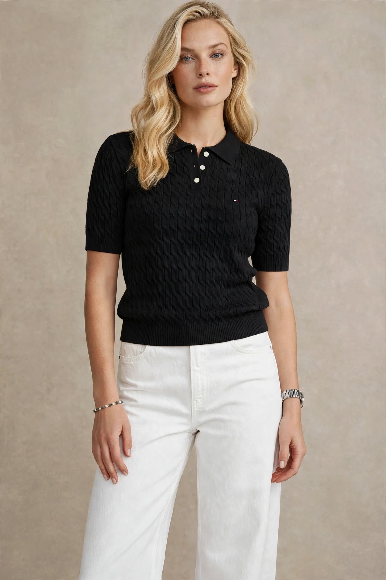 Polo en maille ajourée à manches courtes