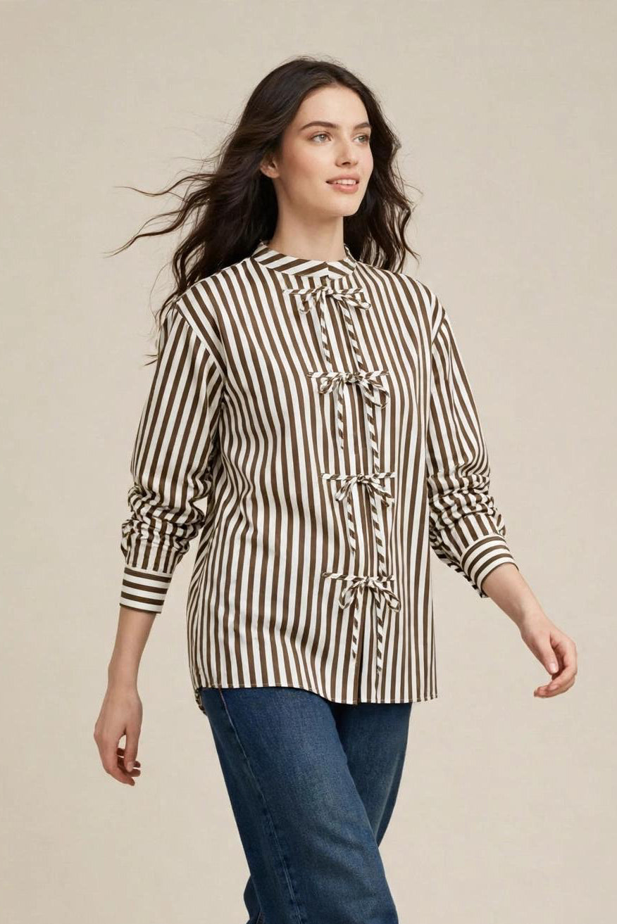 Chemise à Rayure Marron et Blanche avec Liens à Nouer