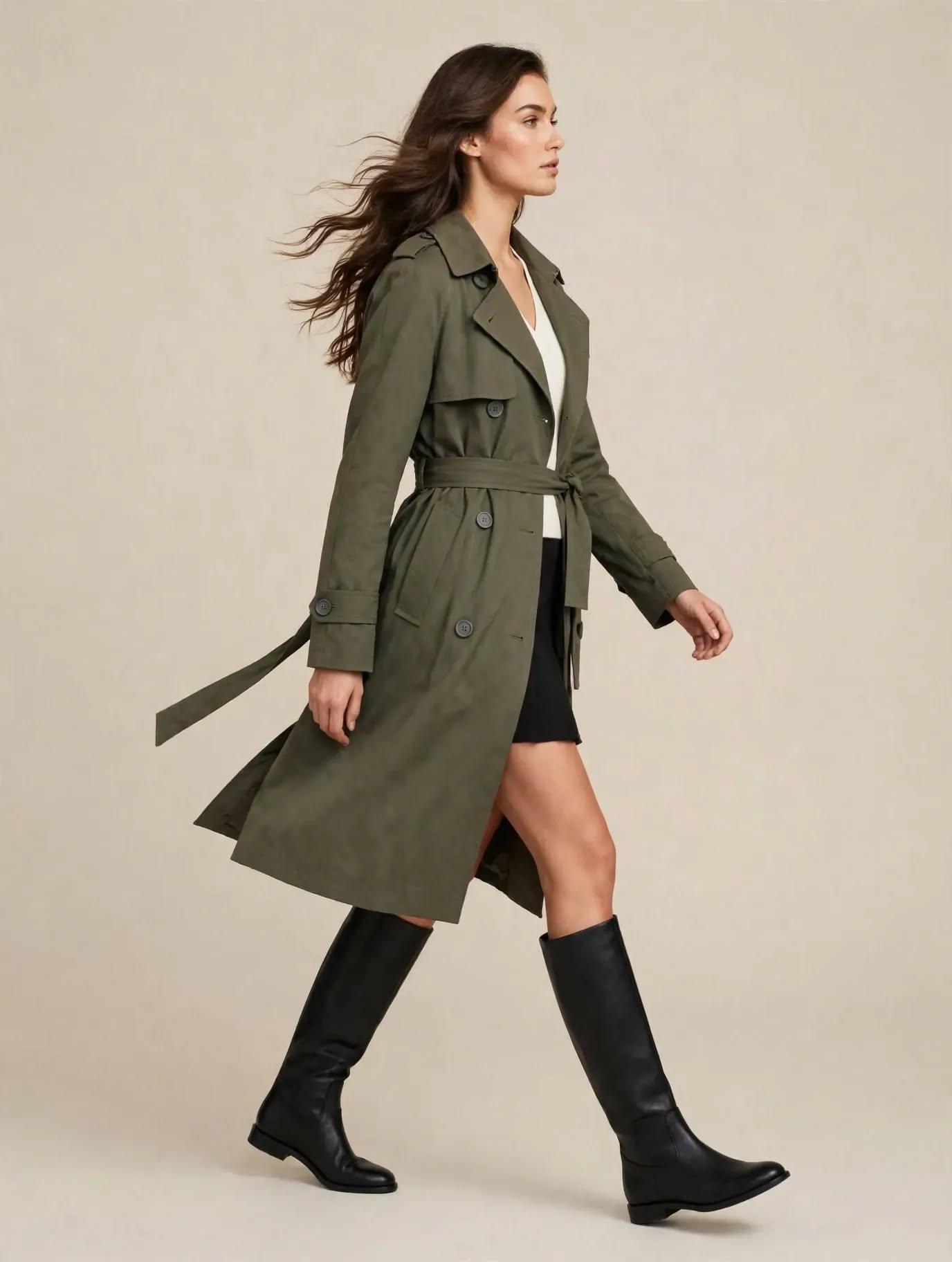 Trench-coat Long Kaki Élégant