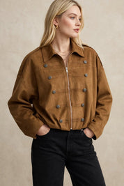 Bomber en Daim Style Militaire – Coupe Épurée Sans Poches
