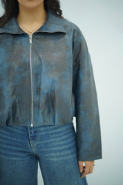 Bomber Zippé en Similicuir Bleu – Style Casual et Moderne
