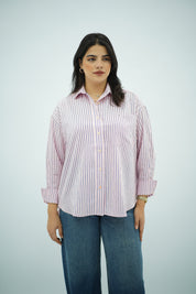 Chemise Oversize Rose Rayée Bleu Marine