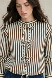 Chemise à Rayure Marron et Blanche avec Liens à Nouer