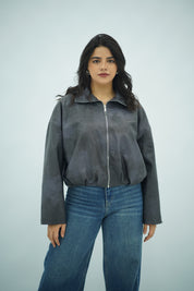 Bomber Zippé en Similicuir Gris – Style Casual et Moderne