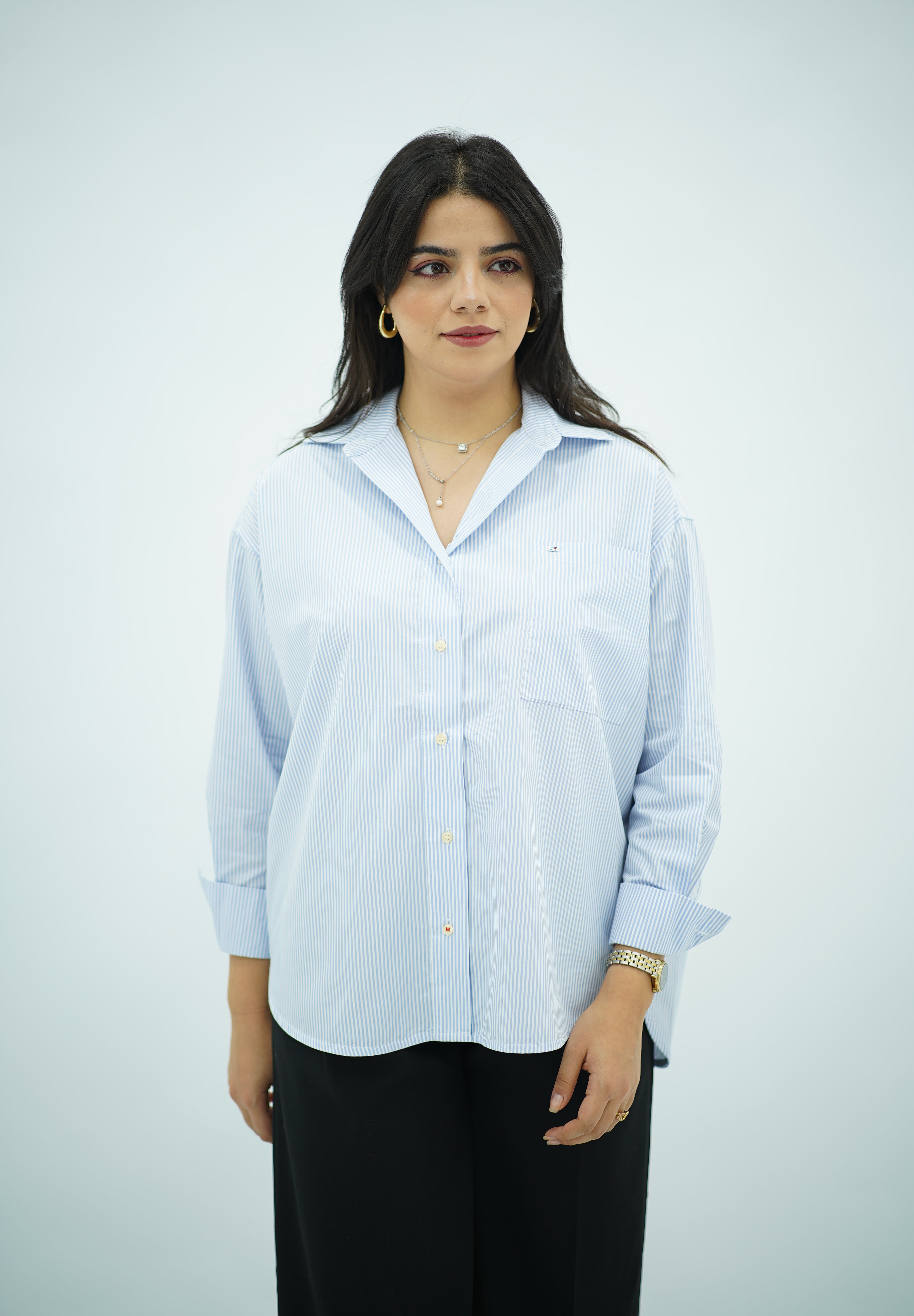 Chemise oversize en popeline bleu ciel raye