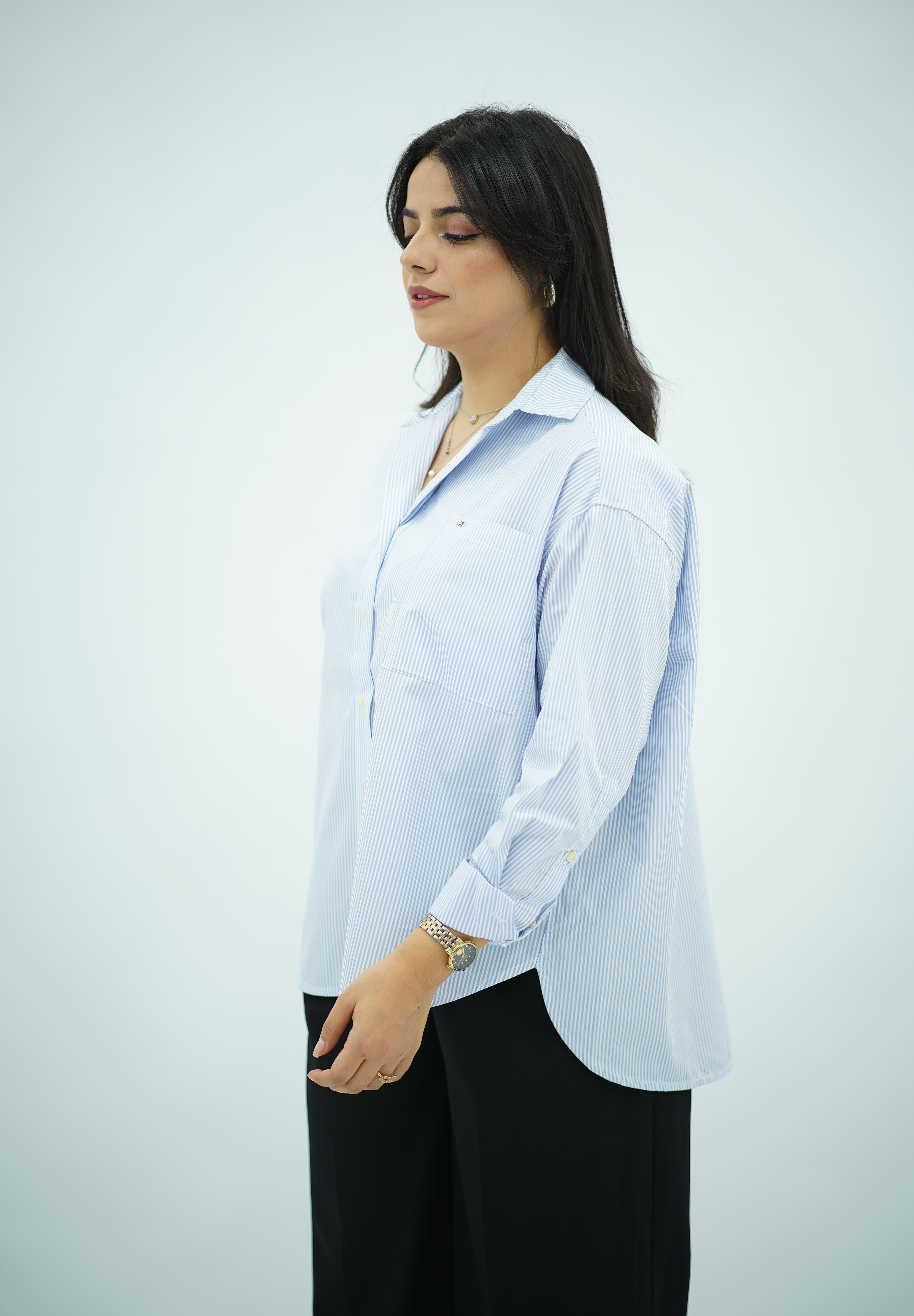 Chemise oversize en popeline bleu ciel raye