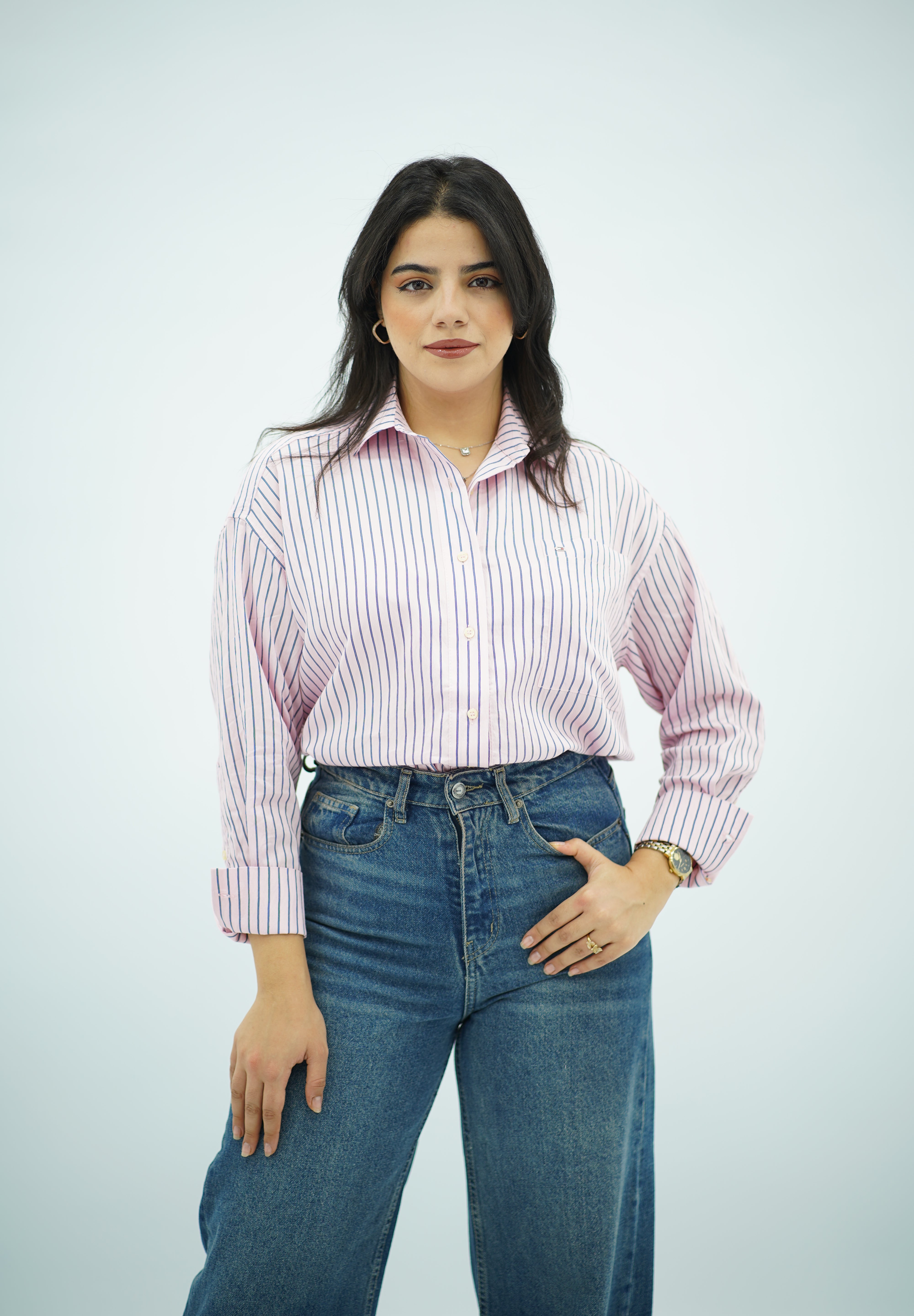 Chemise Oversize Rose Rayée Bleu Marine