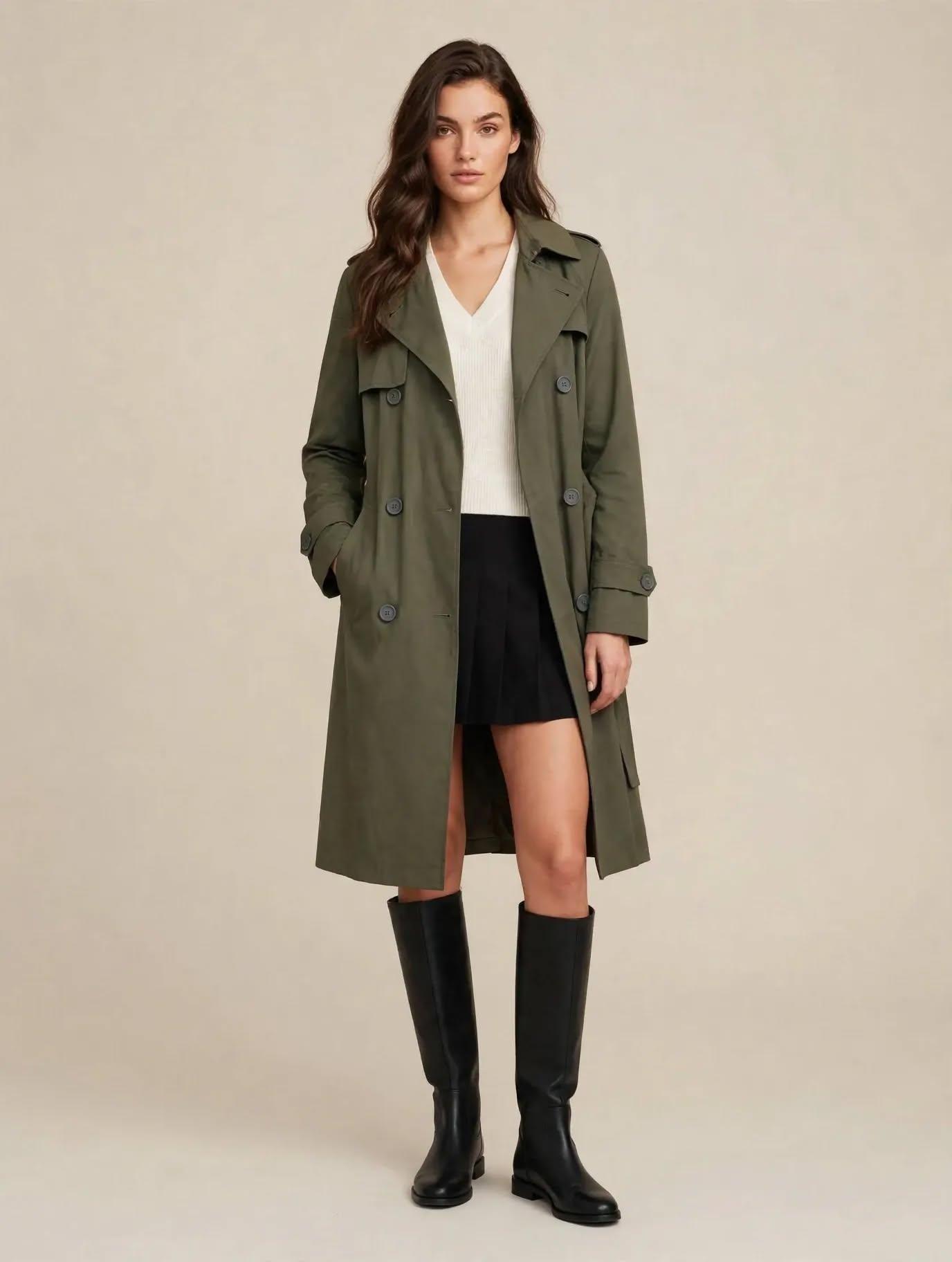Trench-coat Long Kaki Élégant