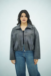Bomber Zippé en Similicuir Gris – Style Casual et Moderne