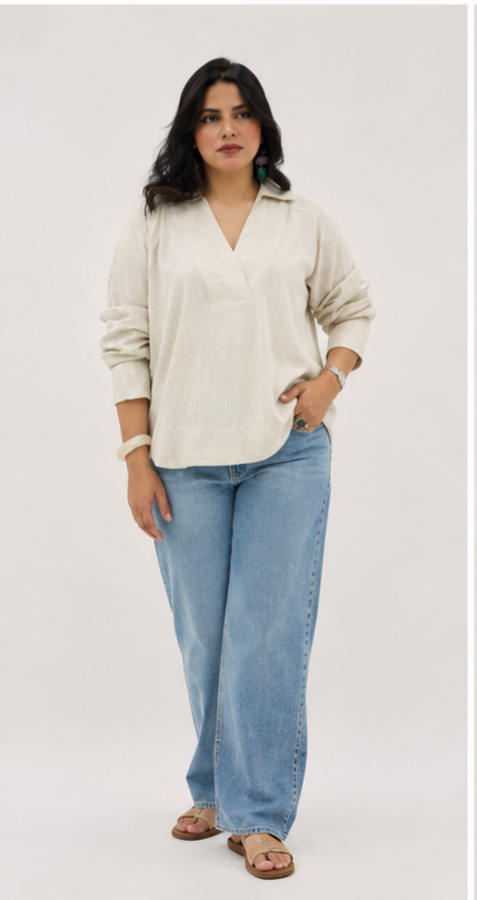Chemise en lin à col V beige écru