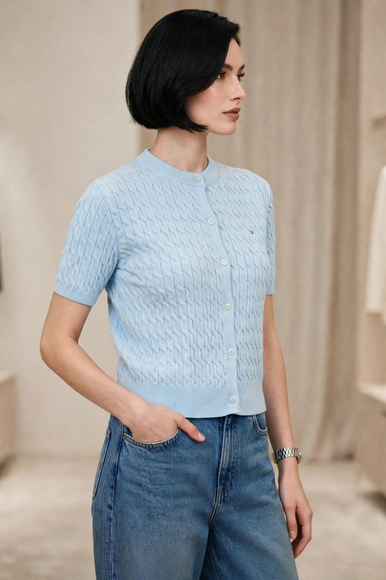 Cardigan court en maille fine à boutons