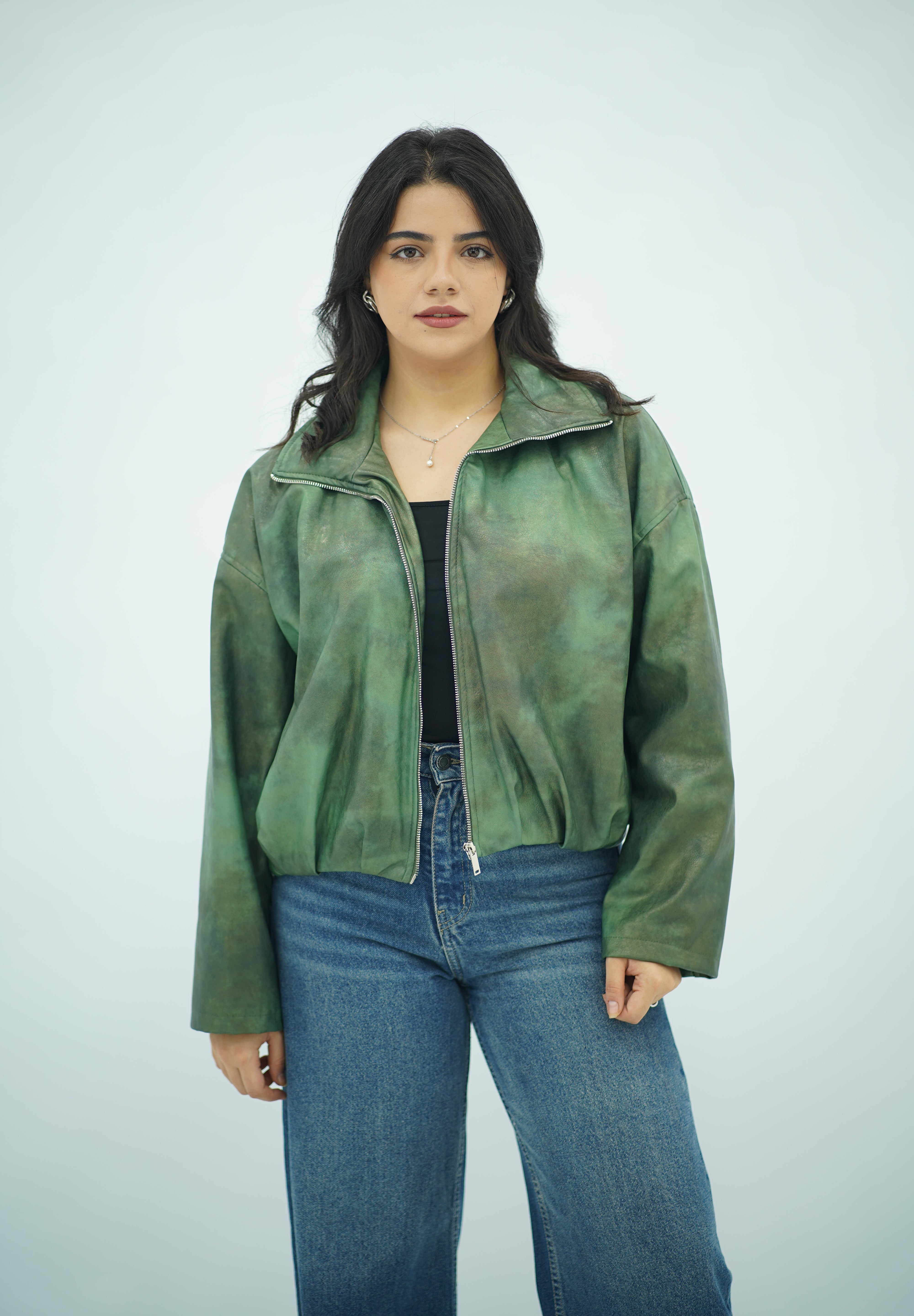 Bomber Zippé en Similicuir Vert – Style Casual et Moderne