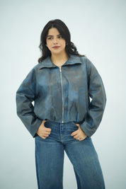 Bomber Zippé en Similicuir Bleu – Style Casual et Moderne