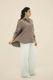 Chemise Oversize Rayée Marron et Blanche