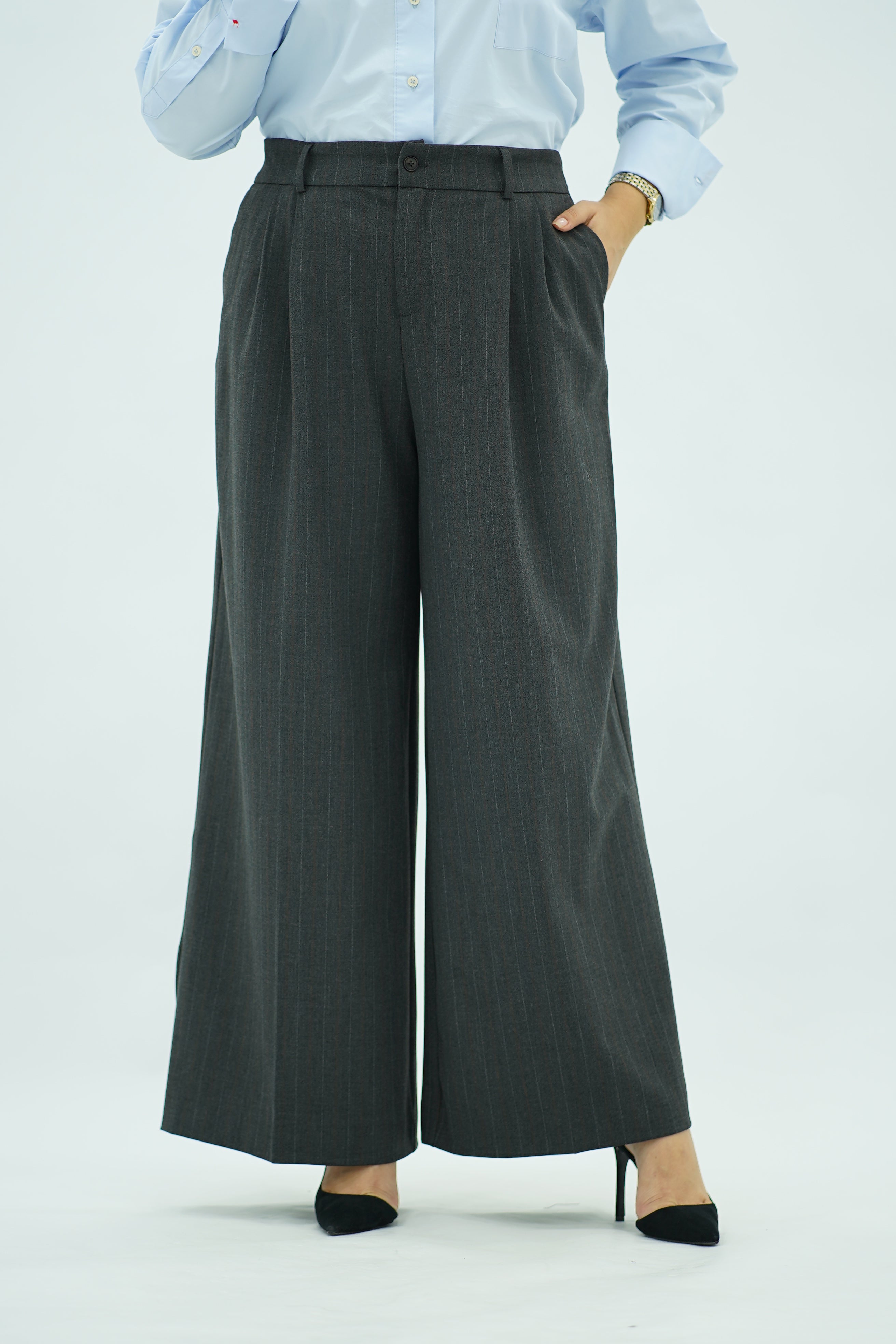 Pantalon Large à Pinces et Rayures Tennis – Gris Anthracite