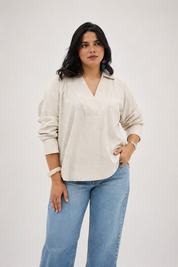 Chemise en lin à col V beige écru