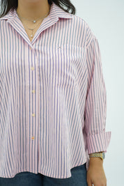 Chemise Oversize Rose Rayée Bleu Marine